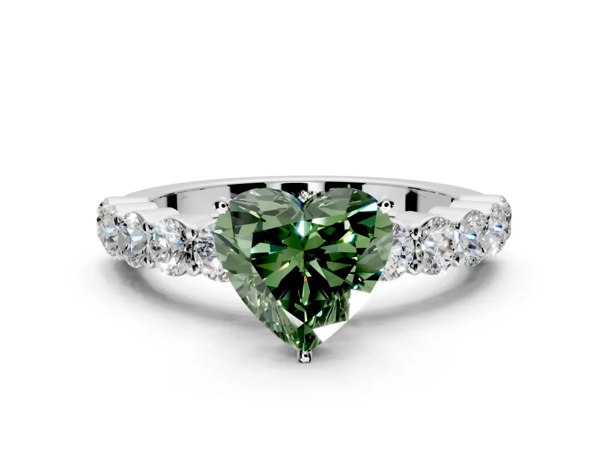 Shared-Prong Engagement Ring Setting for Fancy Green Heart-Shaped Center with Graduated Accents and Prong Head in Sterling Silver