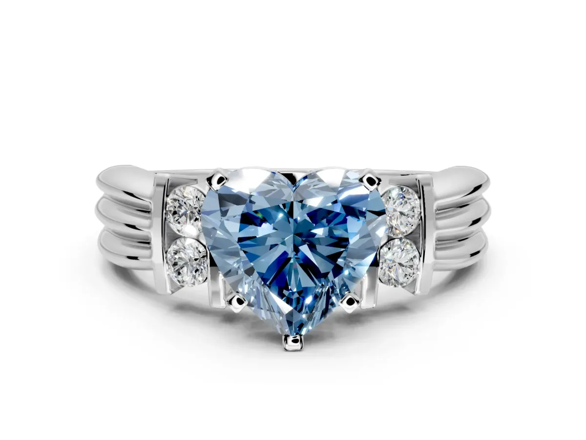 Solitaire Engagement Ring Setting for Fancy Blue Heart-Shaped Center with Grooved Bar Accent Band and Prong Head in Sterling Silver