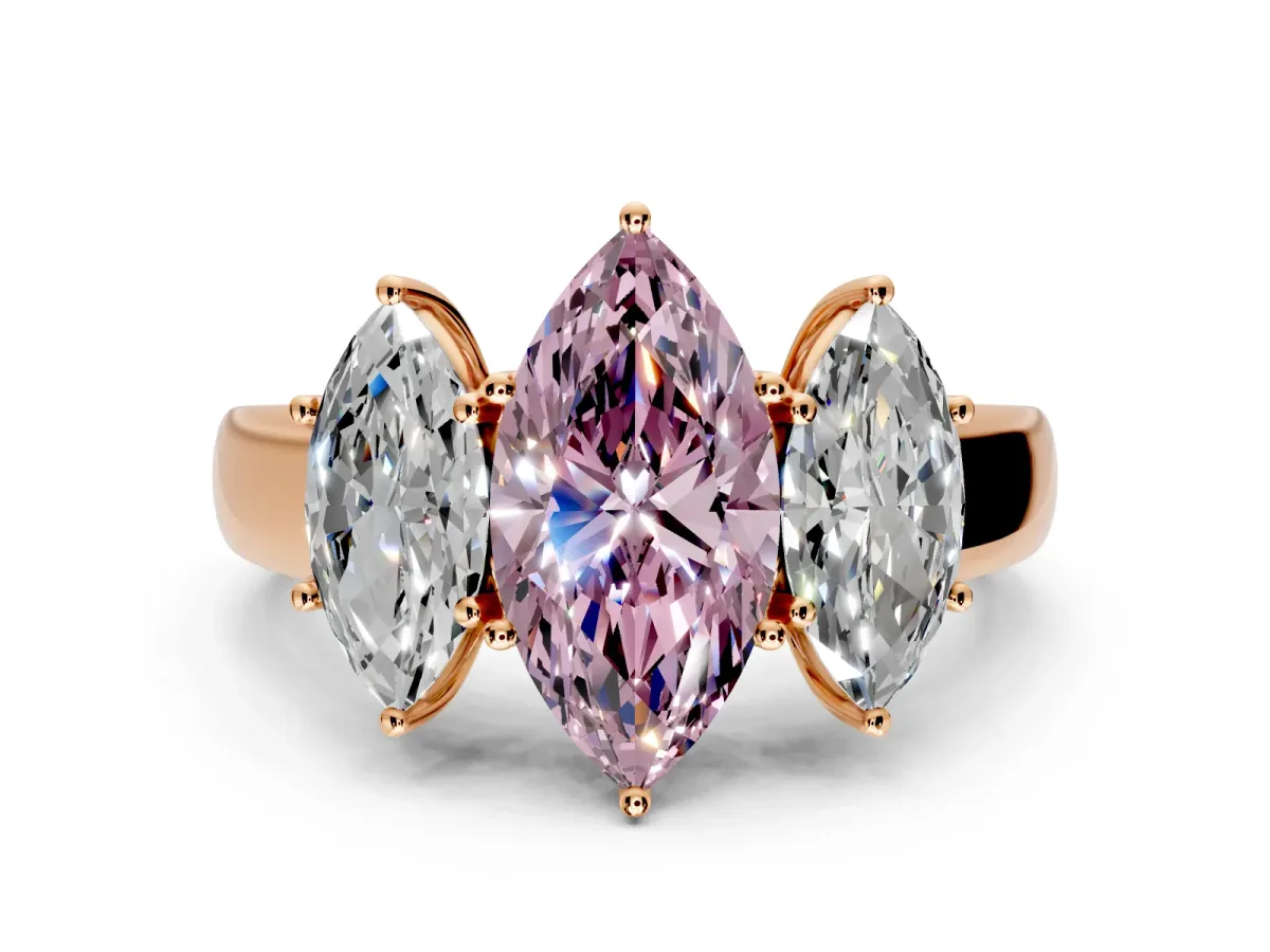 3 Stone Engagement Ring Setting for Fancy Pink Marquise Center with Raised Basket Heads and Prong Head in Rose Gold