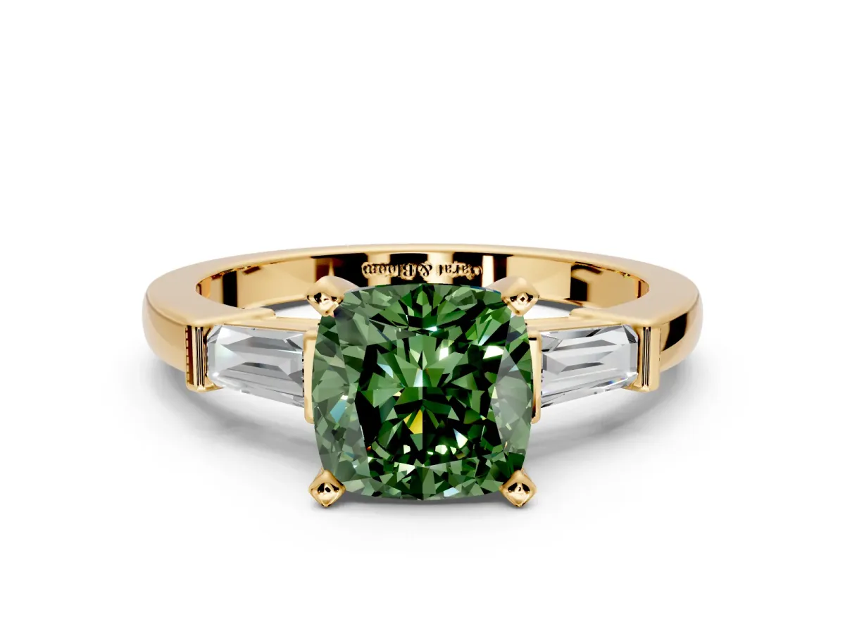 3 Stone Engagement Ring Setting for Fancy Green Cushion Cut Center with Channel Baguette Accents and Prong Head in Yellow Gold