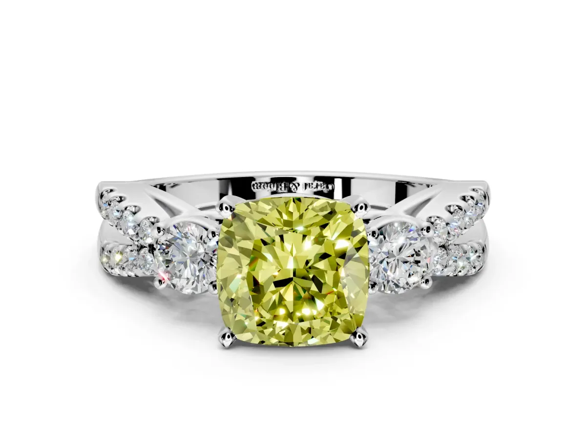 3 Stone Engagement Ring Setting for Fancy Yellow Cushion Cut Center with Pave Split Shank and Prong Head in White Gold
