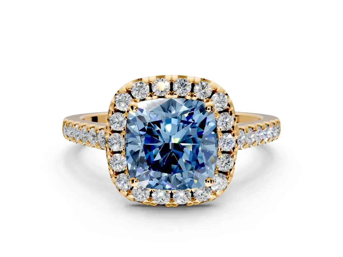 Halo Engagement Ring Setting for Fancy Blue Cushion Cut Center with Raised Halo, Pave Band and Prong Head in Yellow Gold