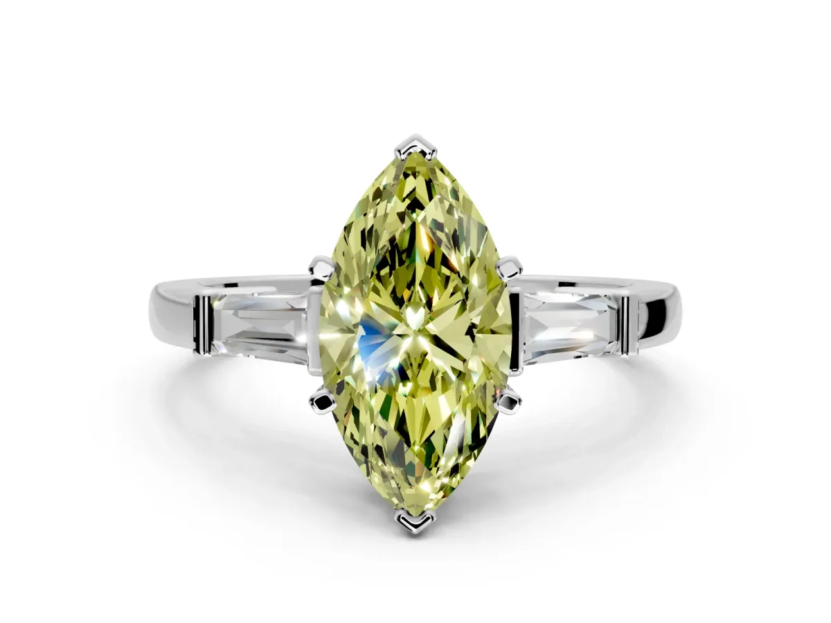 3 Stone Engagement Ring Setting for Fancy Yellow Marquise Center with Channel Baguette Accents and Prong Head in Platinum