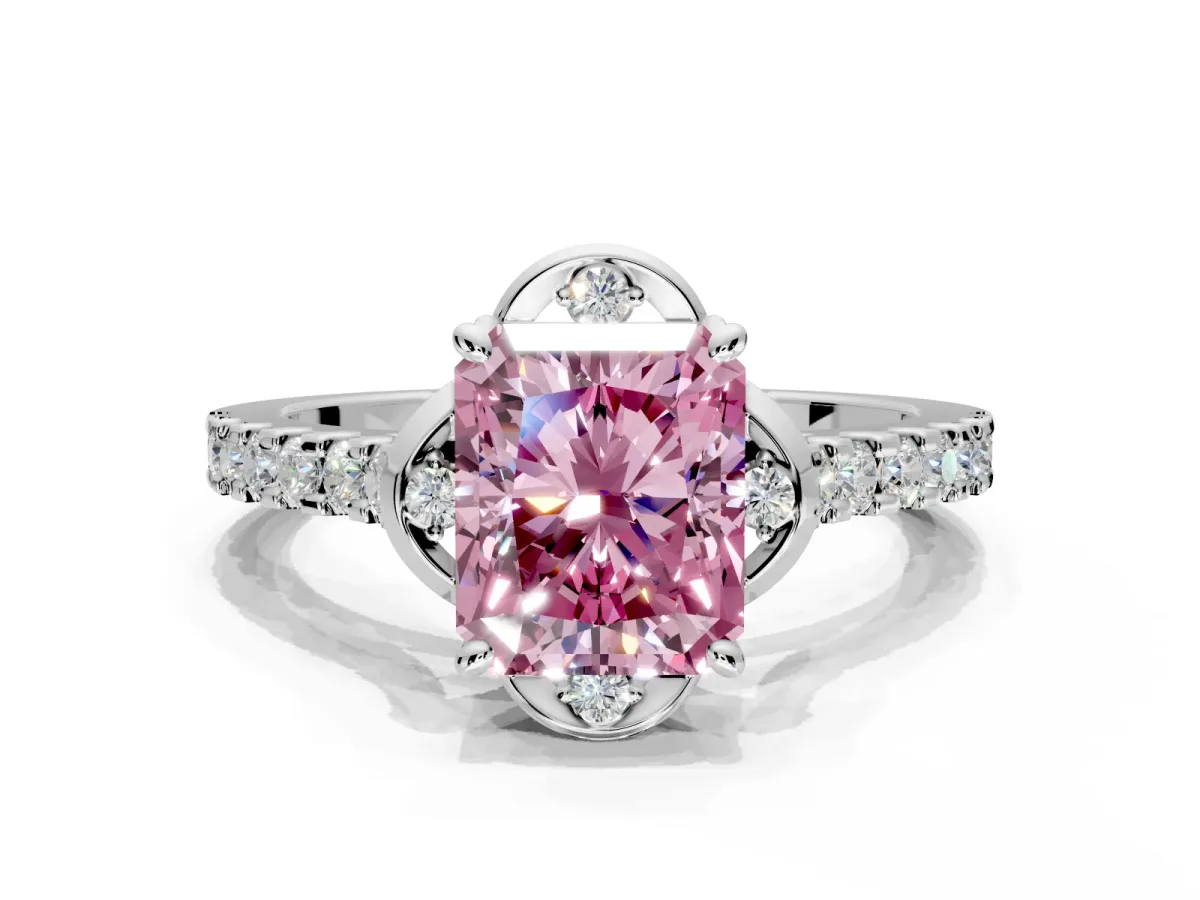 Floral Engagement Ring Setting for Fancy Pink Radiant Cut Center with Pave Band and Floral Prong Head in Sterling Silver