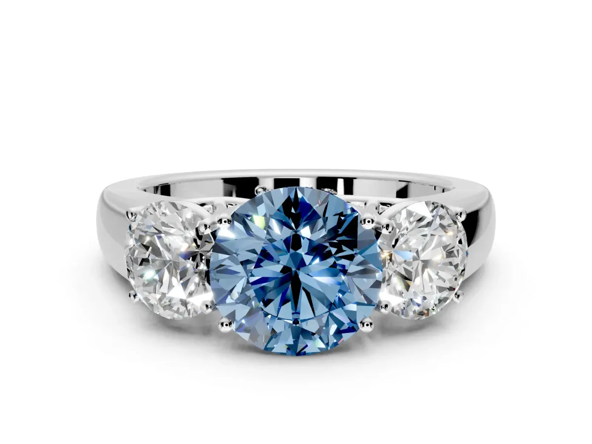 3 Stone Engagement Ring Setting for Fancy Blue Round Cut Center with Raised Basket Heads and Prong Head in Platinum