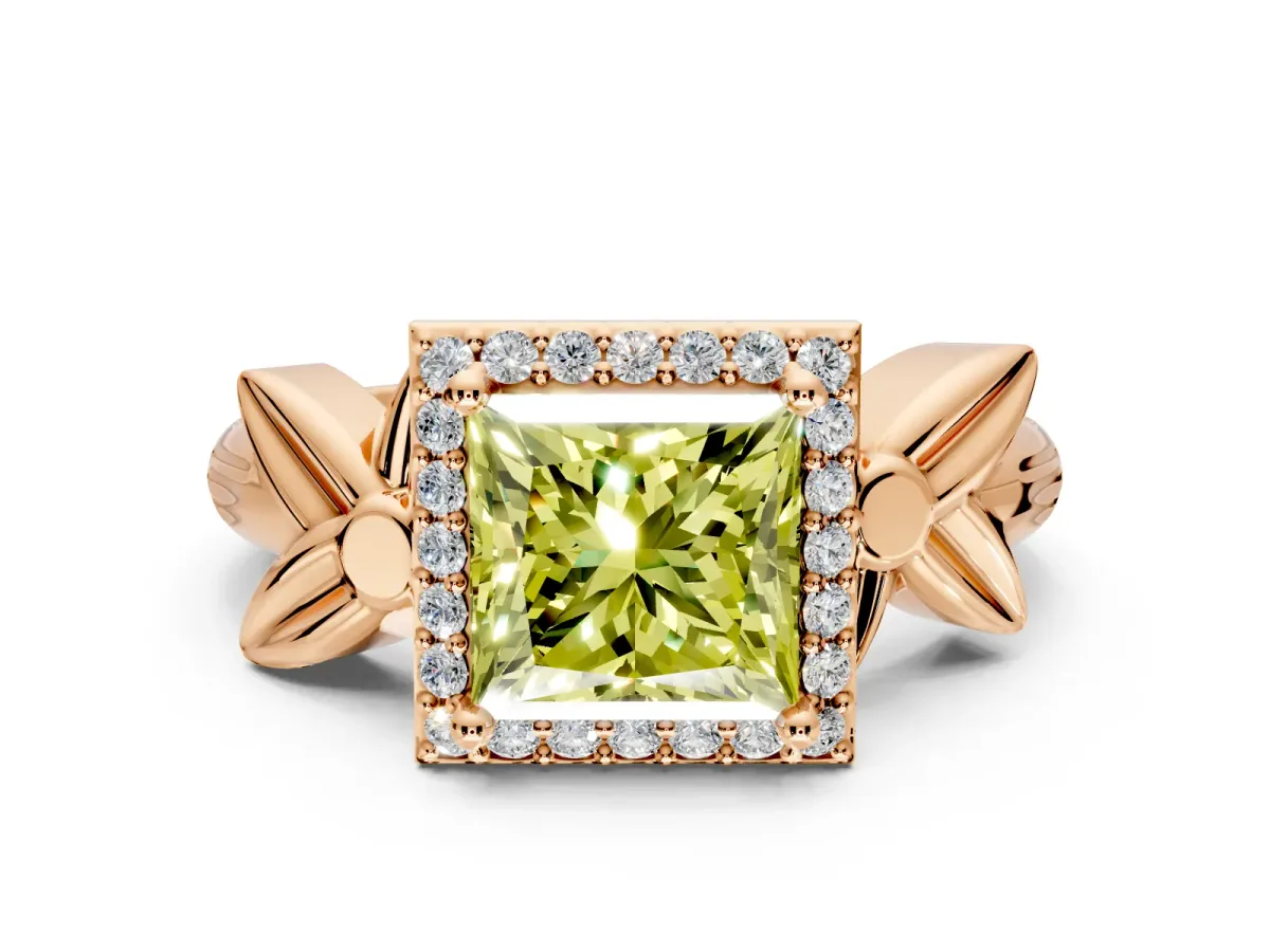 Halo Engagement Ring Setting for Fancy Yellow Princess Cut Center with Floral Band and Prong Head in Rose Gold
