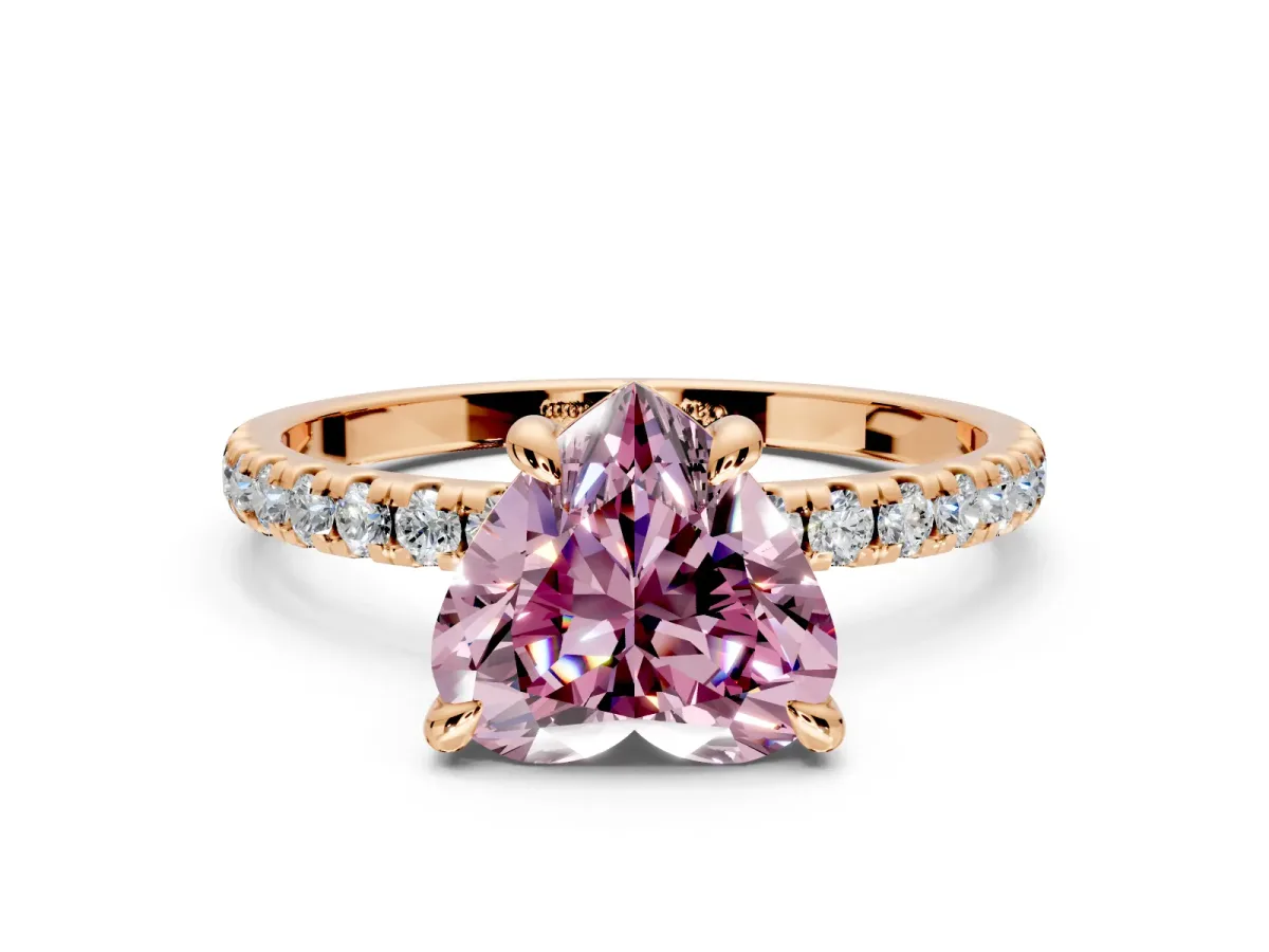 Solitaire Engagement Ring Setting for Fancy Pink Heart-Shaped Center with Fine Pave Narrow Band and Prong Head in Rose Gold