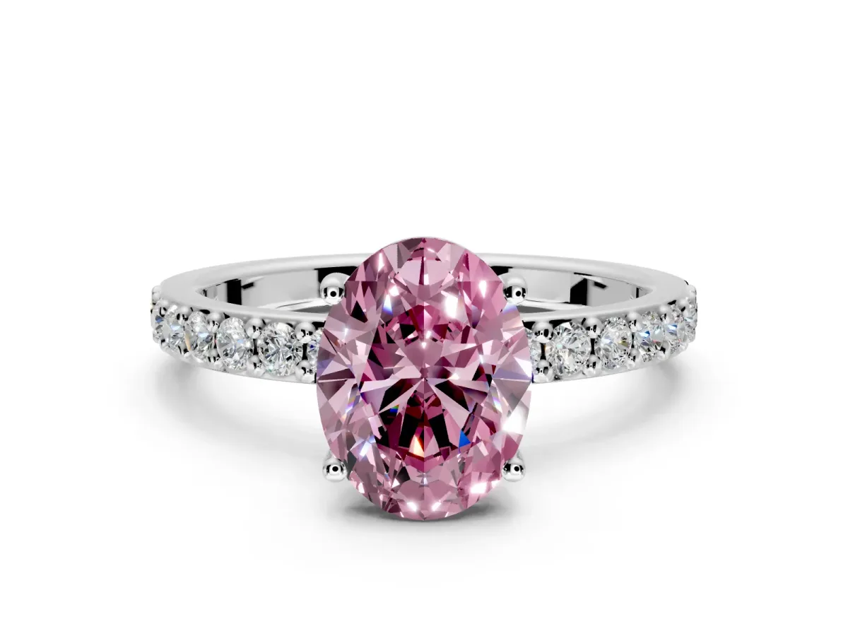 Solitaire Engagement Ring Setting for Fancy Pink Oval Center with Round Cut Pave Band and Prong Head in Sterling Silver
