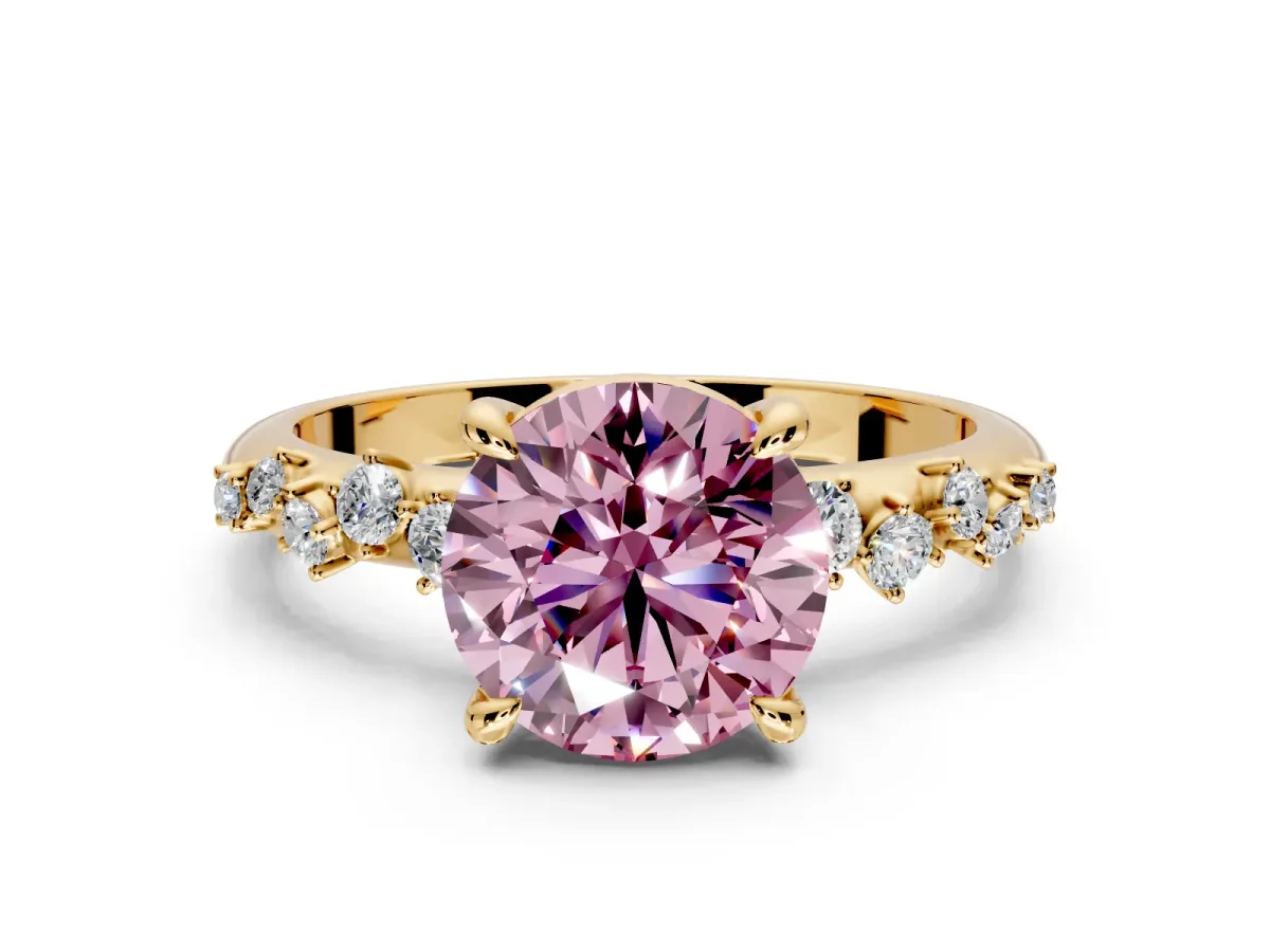 Solitaire Engagement Ring Setting for Fancy Pink Round Cut Center with Trailing Leaf Accent Band and Prong Head in Yellow Gold