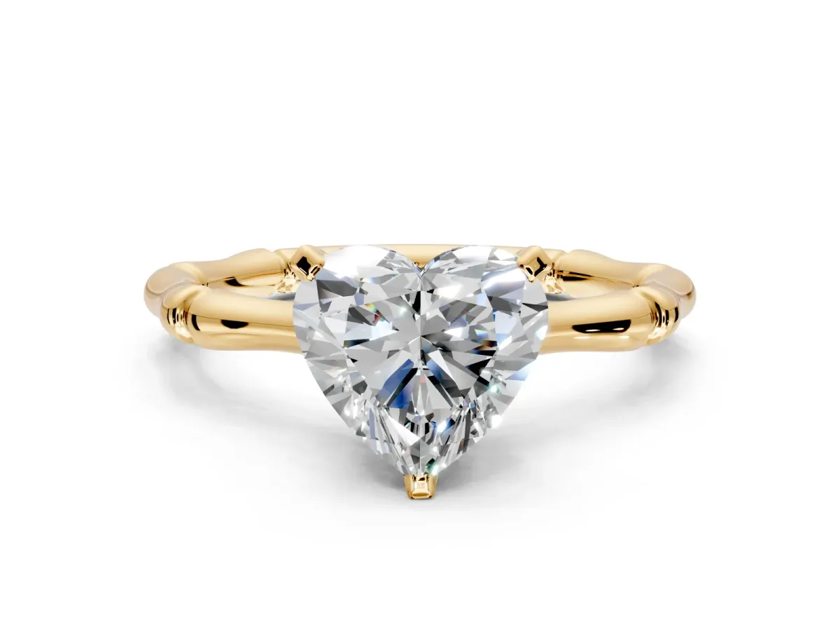Solitaire Engagement Ring Setting for Heart-Shaped Center with Bamboo Band and Prong Head in Yellow Gold
