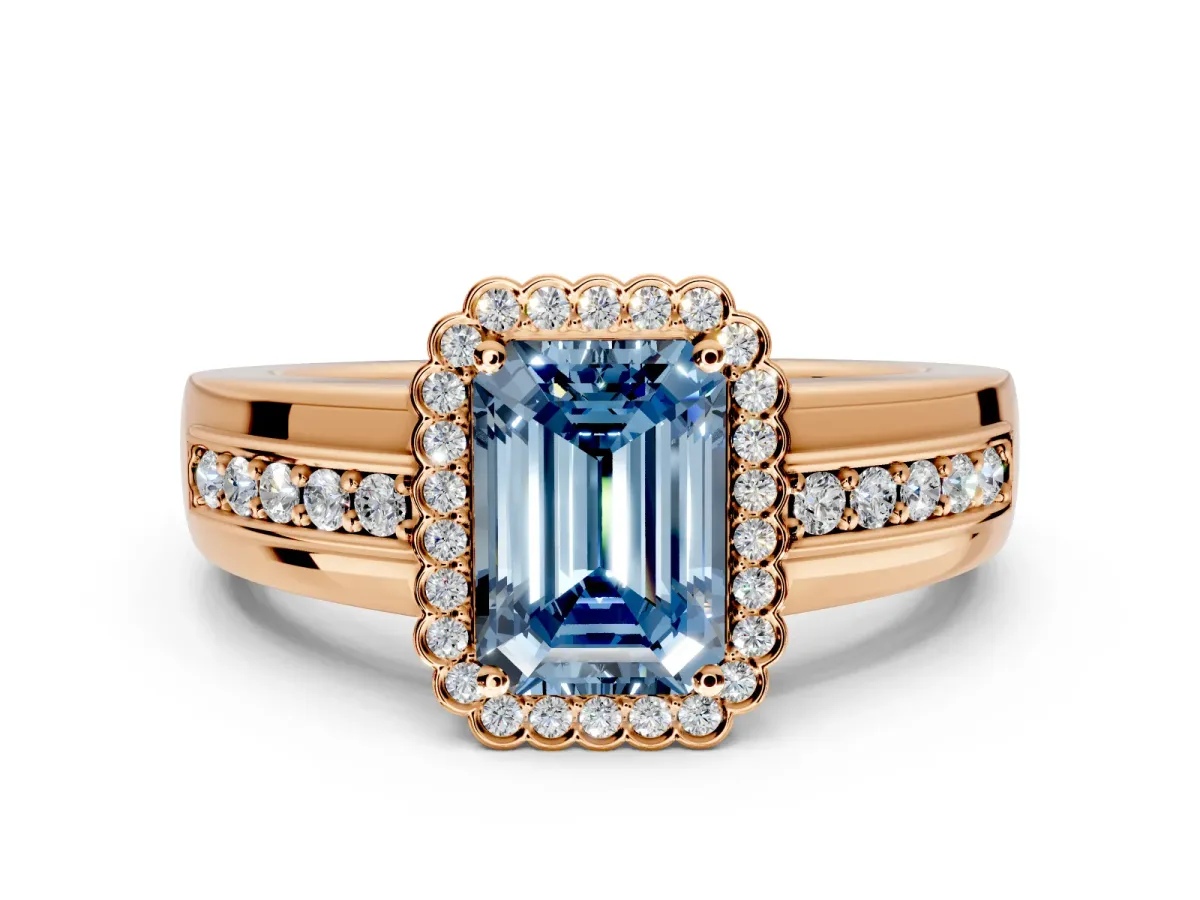 Halo Engagement Ring Setting for Fancy Blue Emerald Cut Center with Wide Band, Inlaid Accent Row and Prong Head in Rose Gold