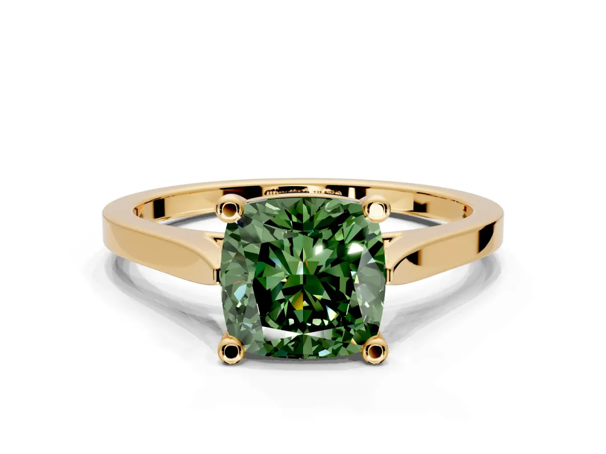 Solitaire Engagement Ring Setting for Fancy Green Cushion Cut Center with Tapered Shoulders and Prong Head in Yellow Gold