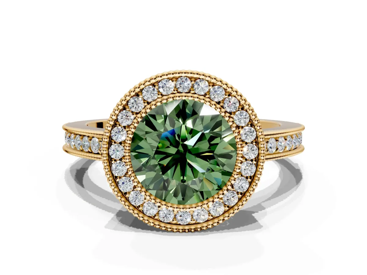 Halo Engagement Ring Setting for Fancy Green Round Cut Center with Milgrain Halo, Pave Band and Prong Head in Yellow Gold