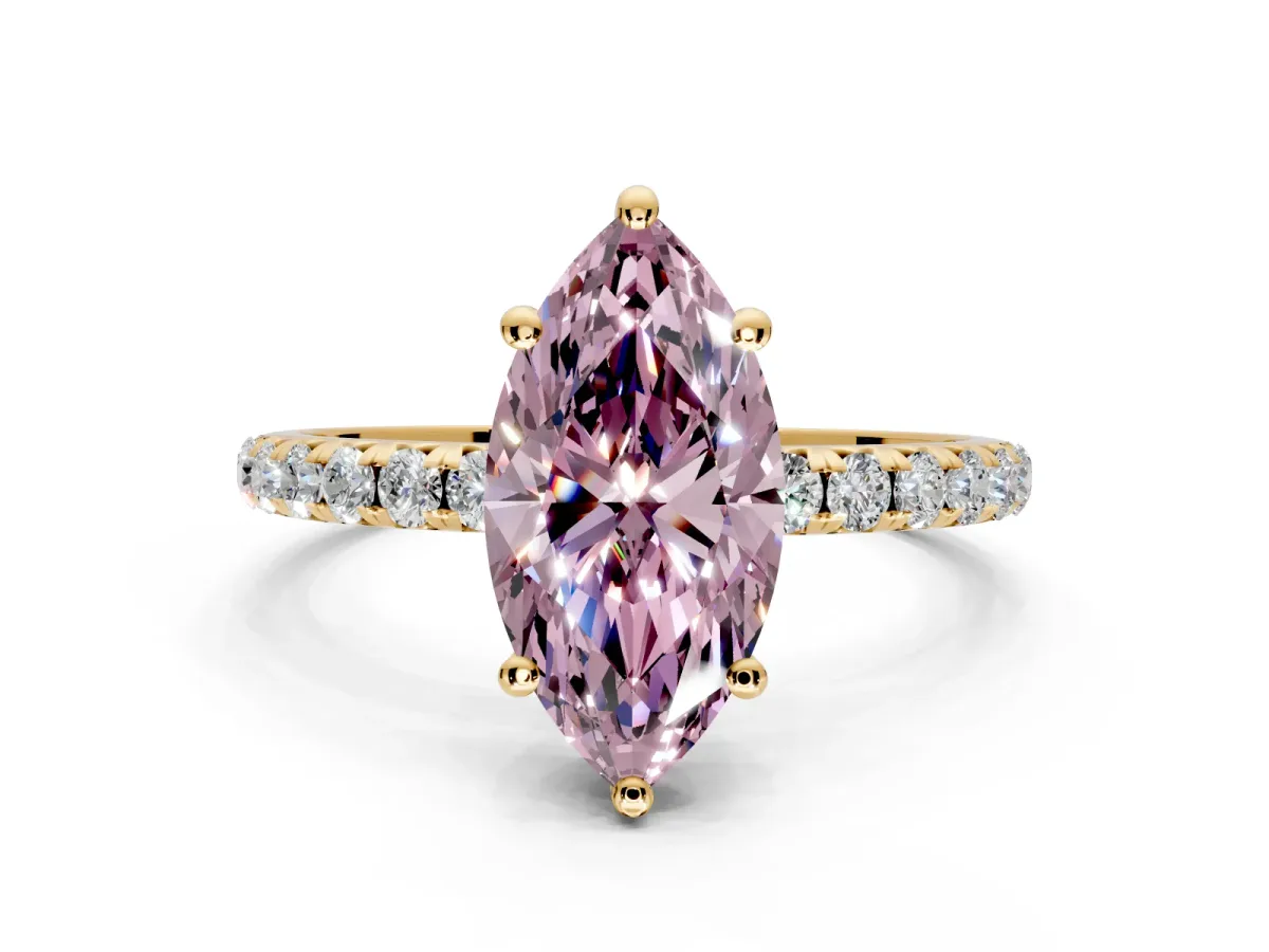 Solitaire Engagement Ring Setting for Fancy Pink Marquise Center with Micro Pave Band and Prong Head in Yellow Gold