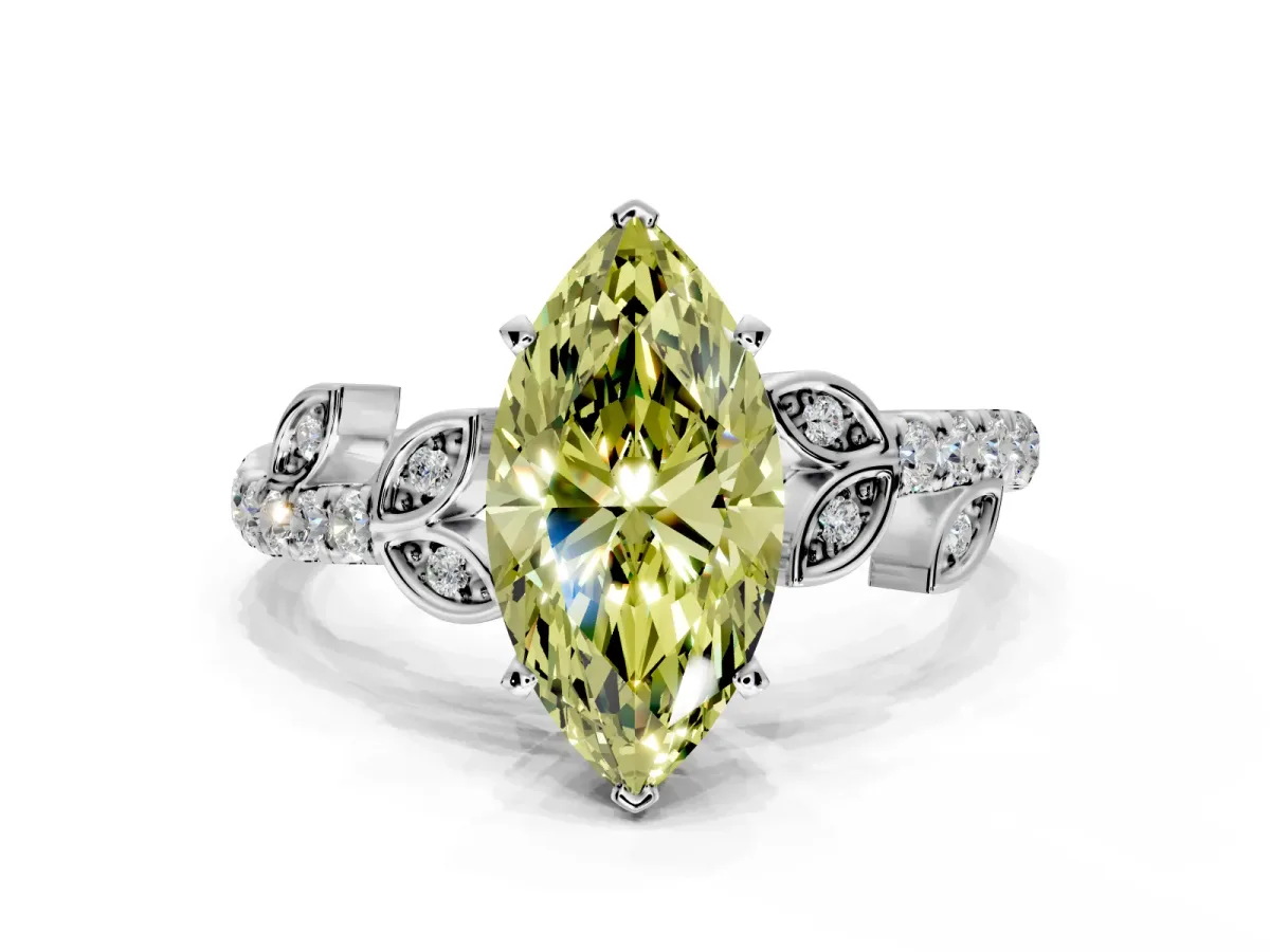 Leaf Motif Engagement Ring Setting for Fancy Yellow Marquise Center with Pave Band and Prong Head in Platinum