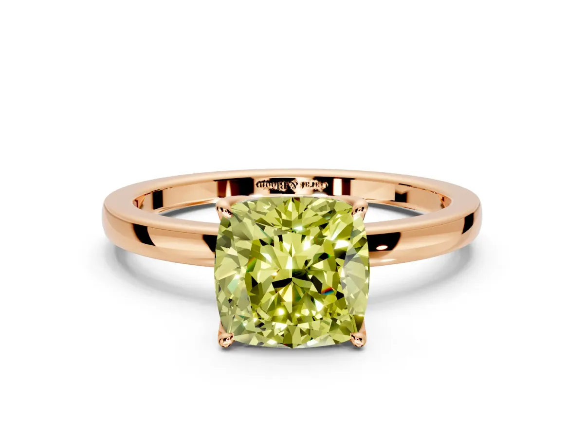 Solitaire Engagement Ring Setting for Fancy Yellow Cushion Cut Center with Thin Rounded Plain Band and Prong Head in Rose Gold