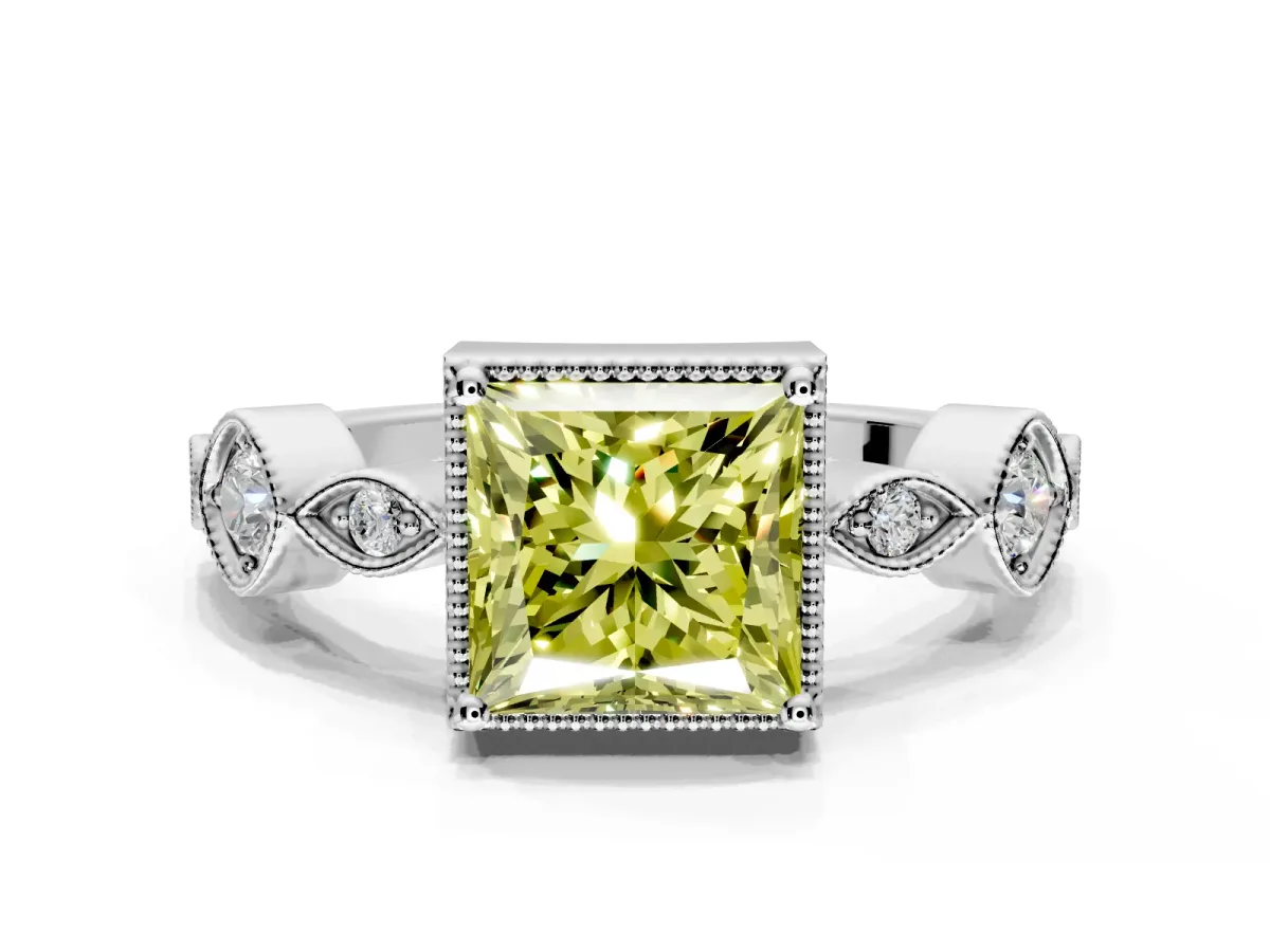 Vintage Station Engagement Ring Setting for Fancy Yellow Princess Cut Center with Accents and Prong Head in White Gold