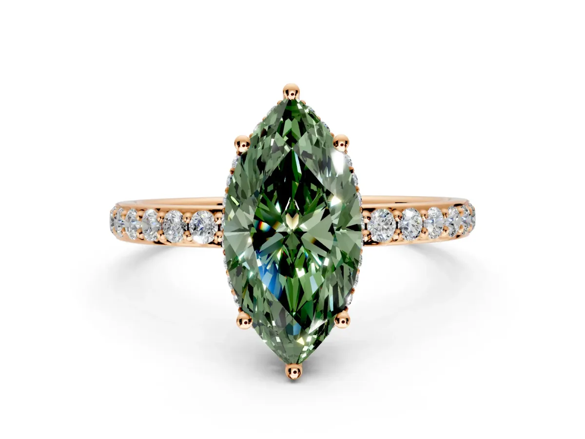 Hidden Halo Engagement Ring Setting for Fancy Green Marquise Center with Pave Band and Prong Head in Rose Gold