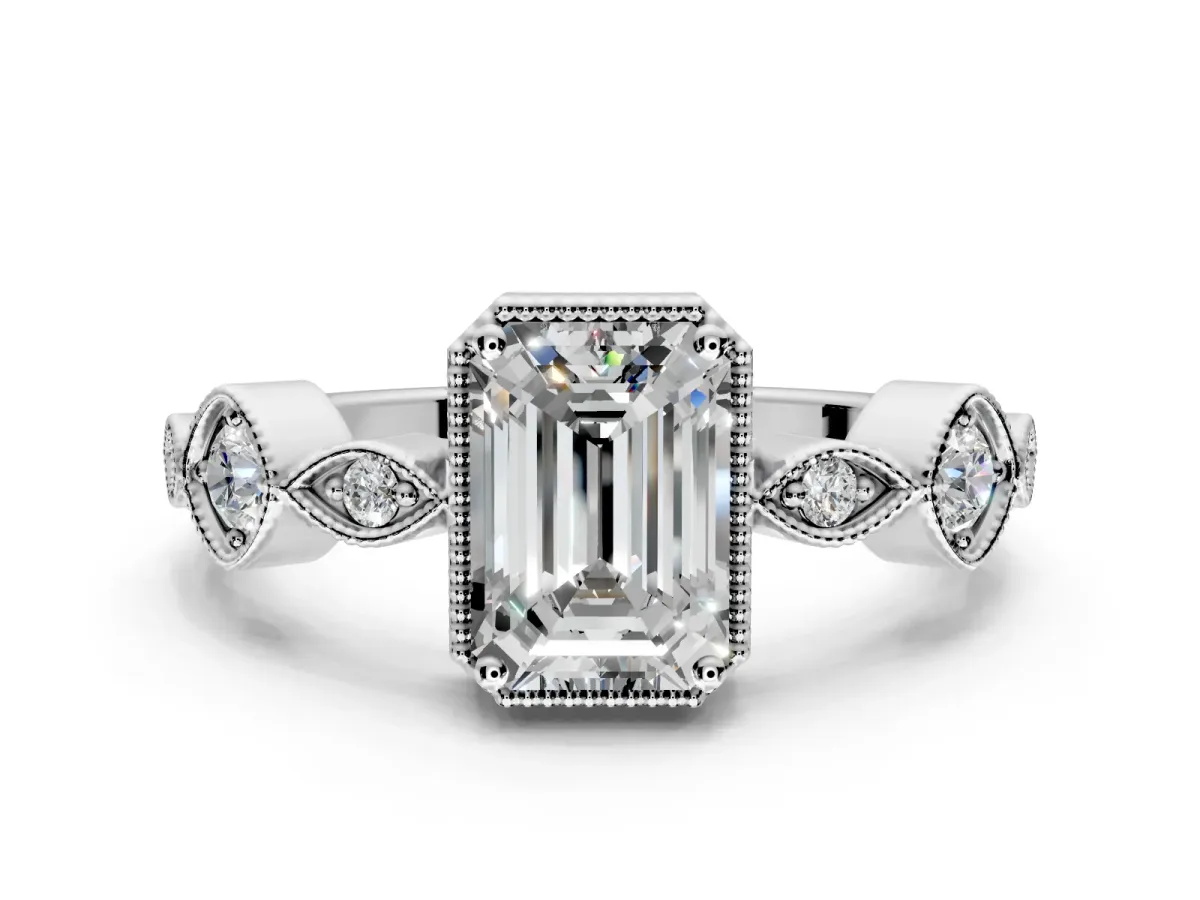 Vintage Station Engagement Ring Setting for Emerald Cut Center with Accents and Prong Head in Platinum
