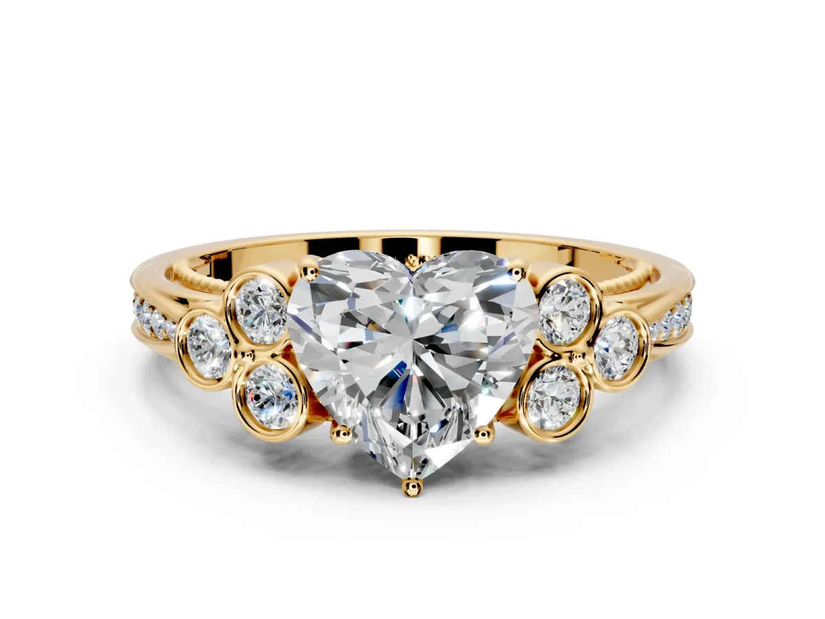 Cluster Engagement Ring Setting for Heart-Shaped Center with Bezel Accent Clusters and Prong Head in Yellow Gold
