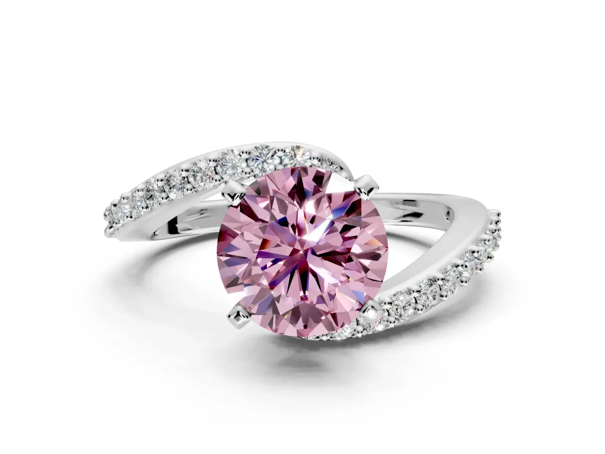 Solitaire Engagement Ring Setting for Fancy Pink Round Cut Center with Pave Bypass Swirl Band and Prong Head in White Gold