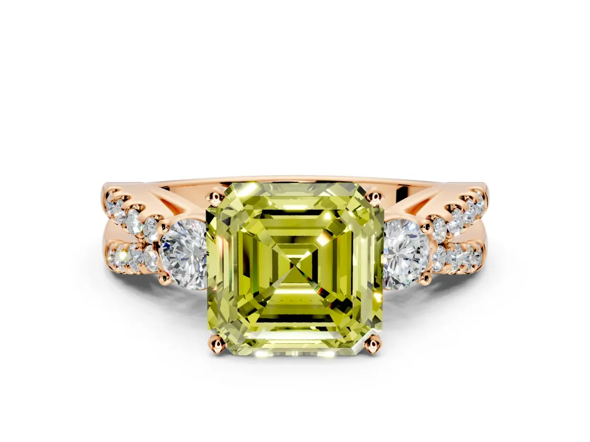 3 Stone Engagement Ring Setting for Fancy Yellow Asscher Cut Center with Pave Split Shank and Prong Head in Rose Gold