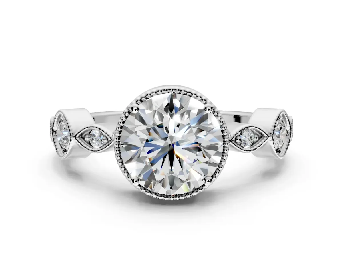 Vintage Station Engagement Ring Setting for Round Cut Center with Accents and Prong Head in Sterling Silver