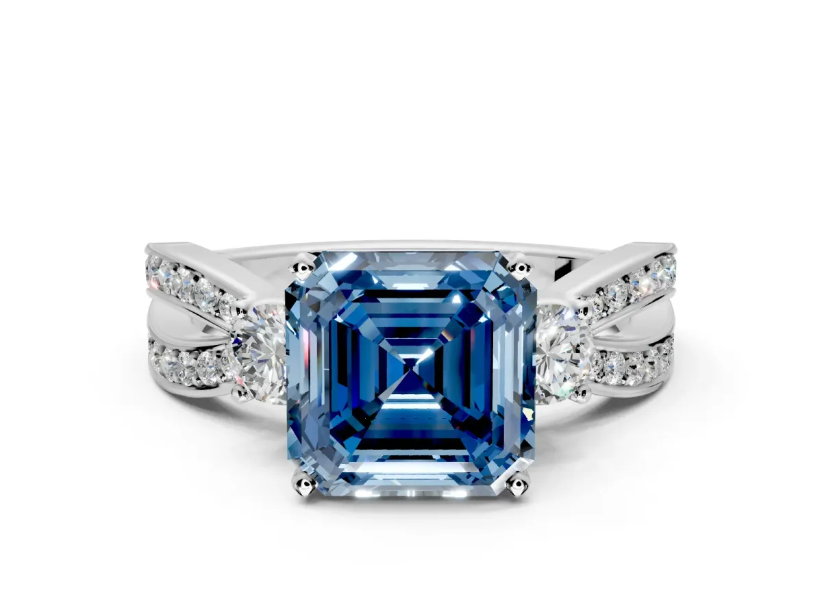 3 Stone Engagement Ring Setting for Fancy Blue Asscher Cut Center with Pave Twist Band and Prong Head in Platinum