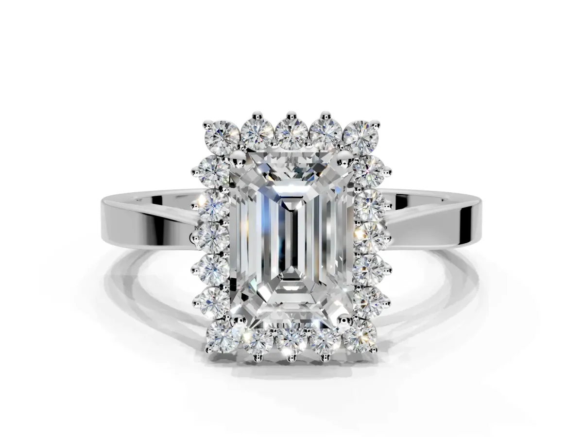 Starburst Halo Engagement Ring Setting for Emerald Cut Center with Flat Cathedral Band and Prong Head in Platinum