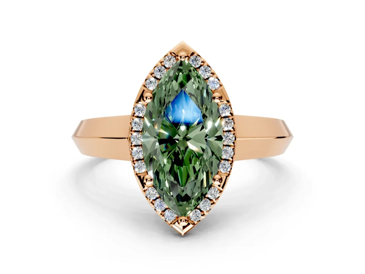 Halo Engagement Ring Setting for Fancy Green Marquise Center with Knife Ridge Cathedral Band and Prong Head in Rose Gold