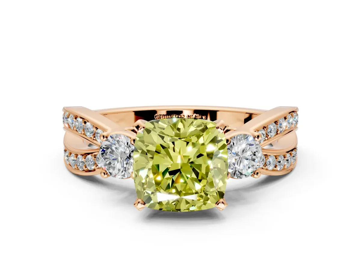 3 Stone Engagement Ring Setting for Fancy Yellow Cushion Cut Center with Pave Twist Band and Prong Head in Rose Gold