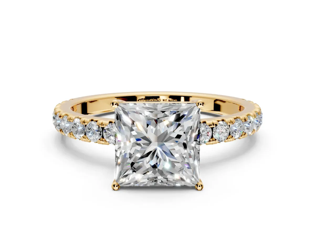 Solitaire Engagement Ring Setting for Princess Cut Center with Large Accent Band and Prong Head in Yellow Gold