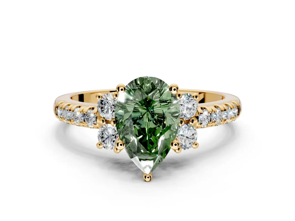 Paired Accent Engagement Ring Setting for Fancy Green Pear-Shaped Center with Pave Band and Prong Head in Yellow Gold