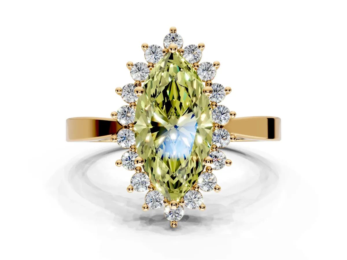 Starburst Halo Engagement Ring Setting for Fancy Yellow Marquise Center with Flat Cathedral Band and Prong Head in Yellow Gold