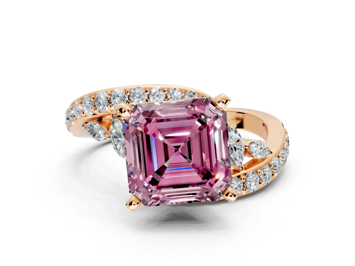 Solitaire Engagement Ring Setting for Fancy Pink Asscher Cut Center with Pave Bypass Twist Band and Prong Head in Rose Gold