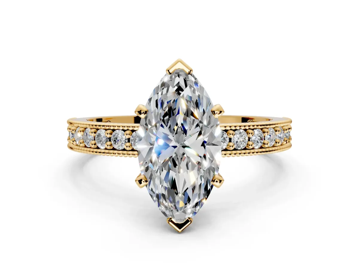 Milgrain Pave Engagement Ring Setting for Marquise Center with Accent Band and Prong Head in Yellow Gold