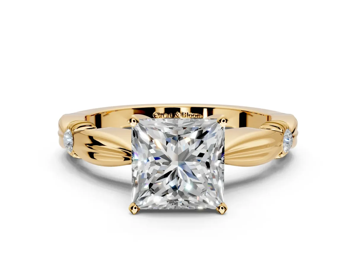 Solitaire Engagement Ring Setting for Princess Cut Center with Carved Leaf Shoulders and Prong Head in Yellow Gold