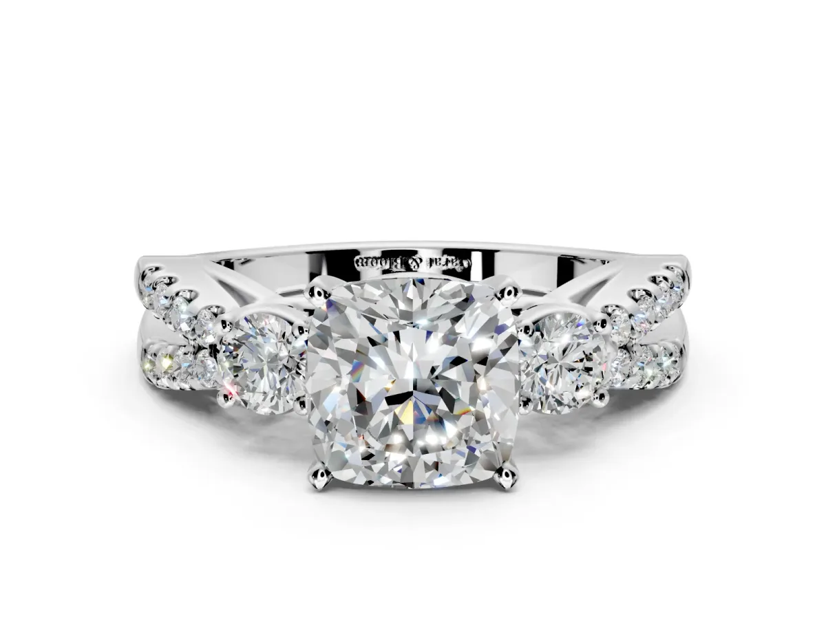 3 Stone Engagement Ring Setting for Cushion Cut Center with Pave Split Shank and Prong Head in Sterling Silver