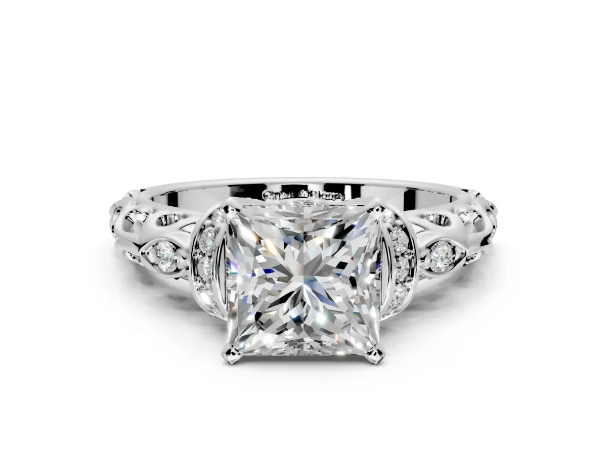 Solitaire Engagement Ring Setting for Princess Cut Center with Filigree Band and Prong Head in Platinum