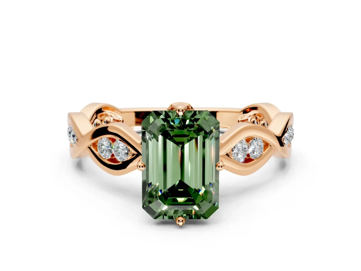Solitaire Engagement Ring Setting for Fancy Green Emerald Cut Center with Accented Twist Band and Leaf Prong Head in Rose Gold