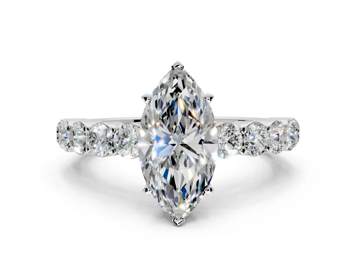Shared-Prong Engagement Ring Setting for Marquise Center with Graduated Accents and Prong Head in Platinum