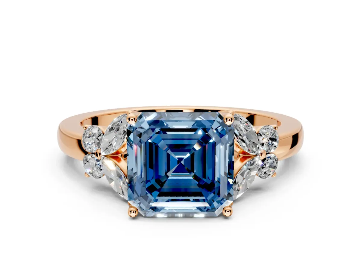 Solitaire Engagement Ring Setting for Fancy Blue Asscher Cut Center with Marquise Flower Shoulders and Prong Head in Rose Gold