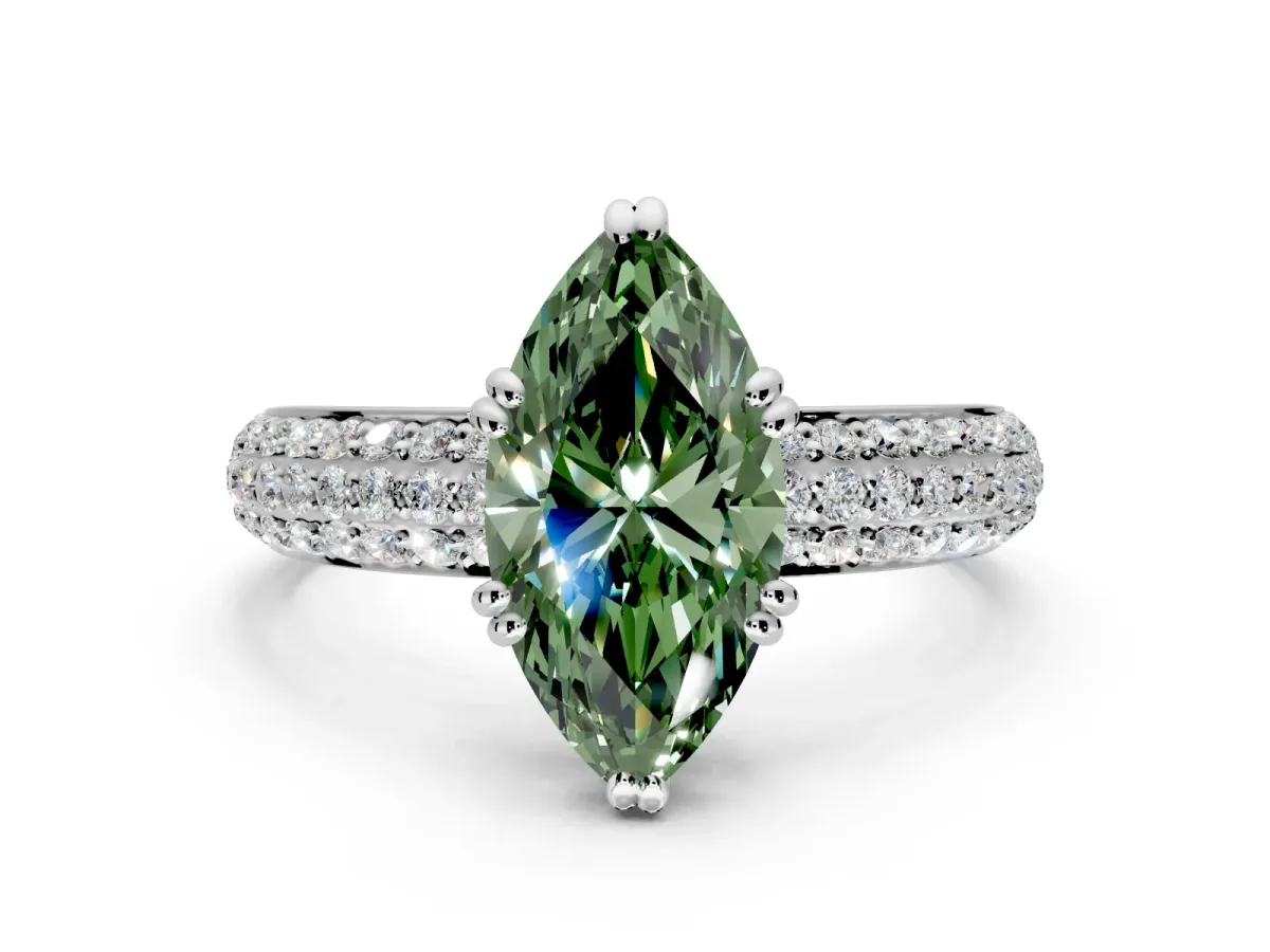 Solitaire Engagement Ring Setting for Fancy Green Marquise Center with Multi-Row Pave Accents and Basket Head in Sterling Silver