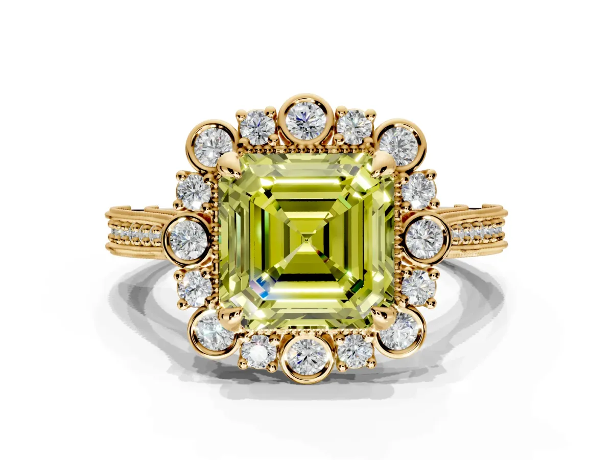 Milgrain Halo Engagement Ring Setting for Fancy Yellow Asscher Cut Center with Bezel Point Accents and Prong Head in Yellow Gold