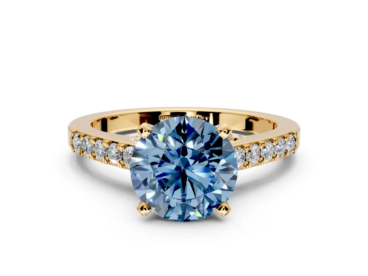 Solitaire Engagement Ring Setting for Fancy Blue Round Cut Center with Crossover Accents and Prong Head in Yellow Gold