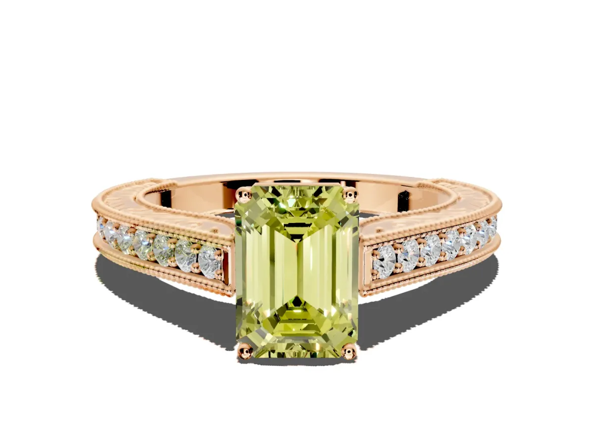 Solitaire Engagement Ring Setting for Fancy Yellow Emerald Cut Center with Engraved Pave Band and Prong Head in Rose Gold