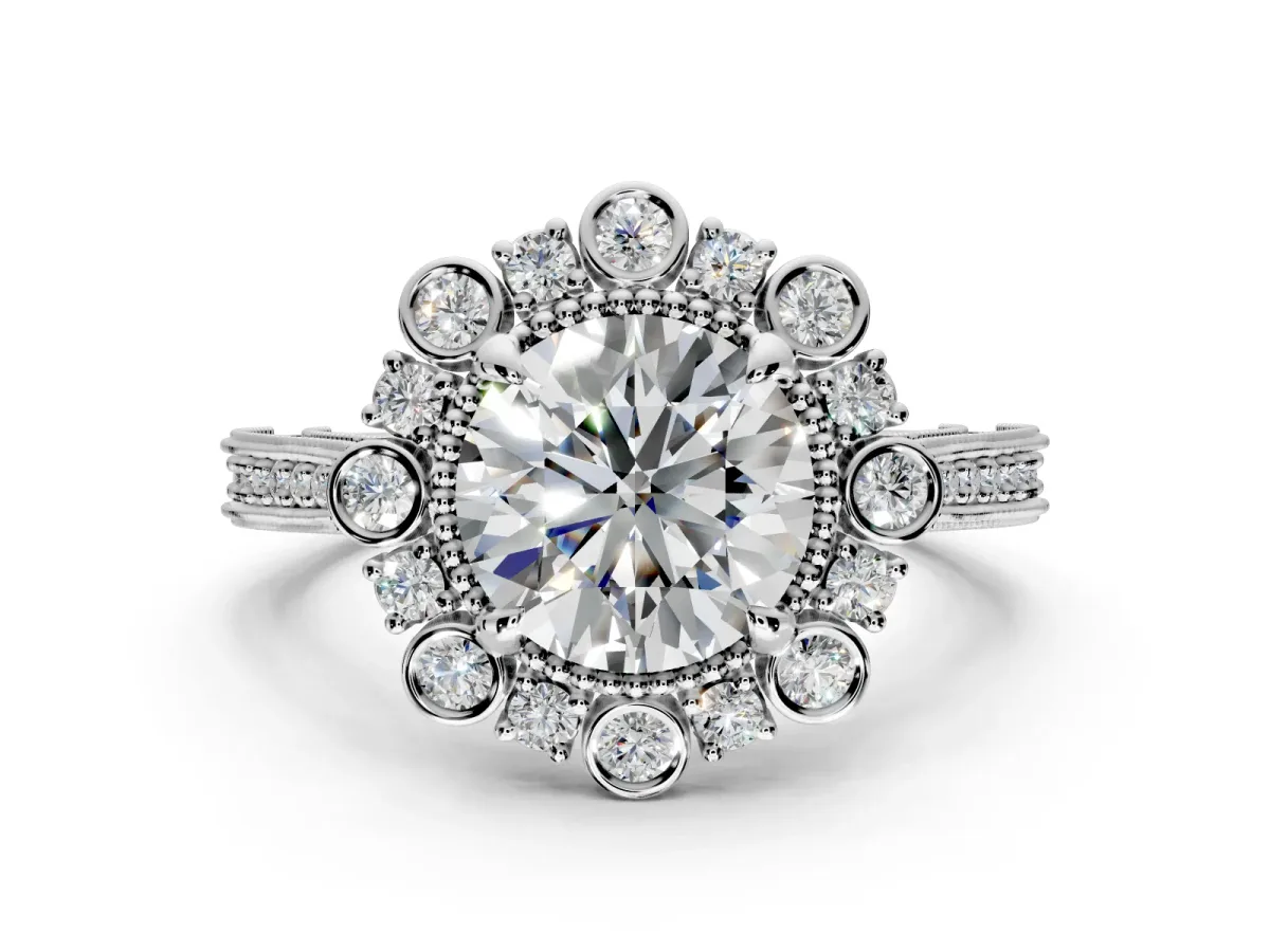Milgrain Halo Engagement Ring Setting for Round Cut Center with Bezel Point Accents and Prong Head in Platinum
