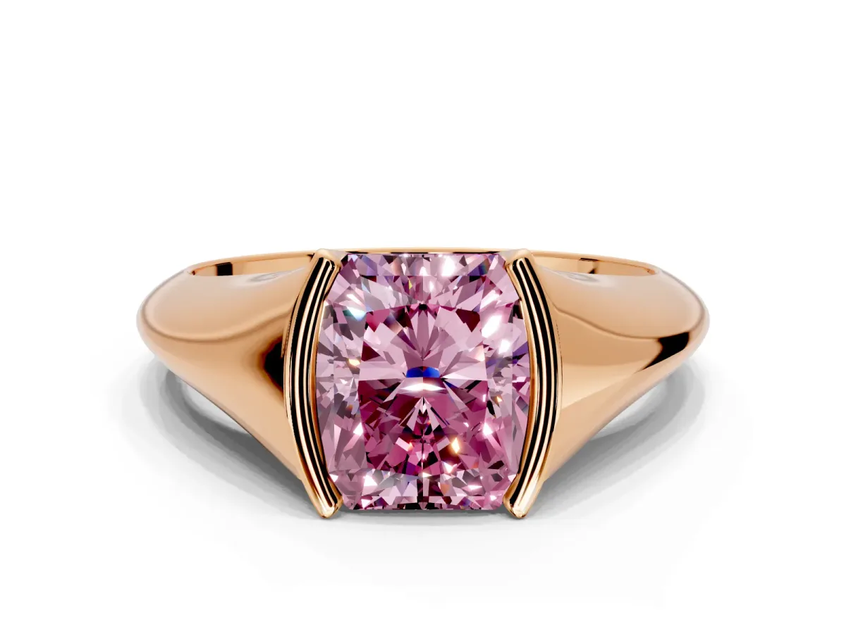 Tension Engagement Ring Setting for Fancy Pink Radiant Cut Center with Wide Tapered Band and Tension Head in Rose Gold