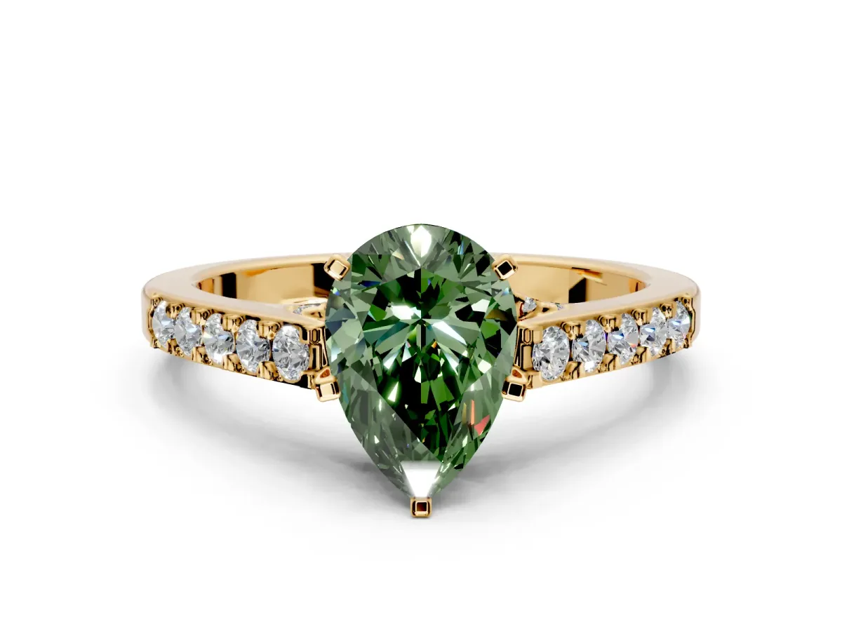Solitaire Engagement Ring Setting for Fancy Green Pear-Shaped Center with Crossover Accents and Prong Head in Yellow Gold
