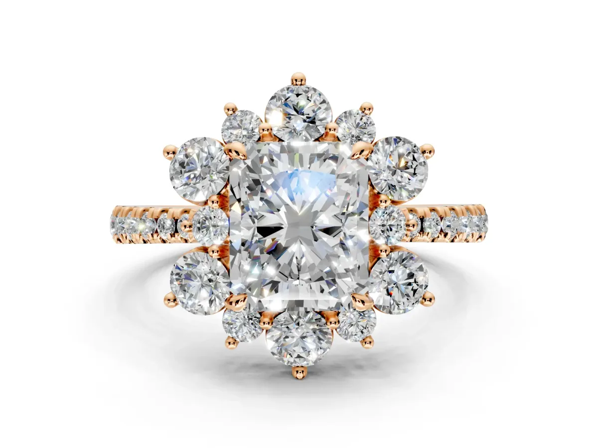 Floral Halo Engagement Ring Setting for Radiant Cut Center with Pave Accents and Prong Head in Rose Gold